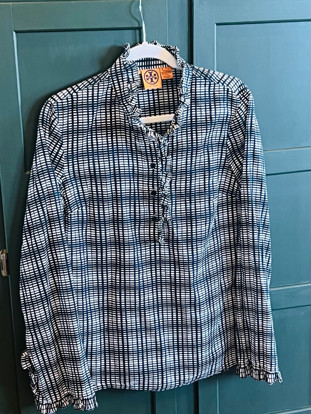Tory Burch Black White Check Ruffle Long Sleeve Blouse Tunic Top Sz 10